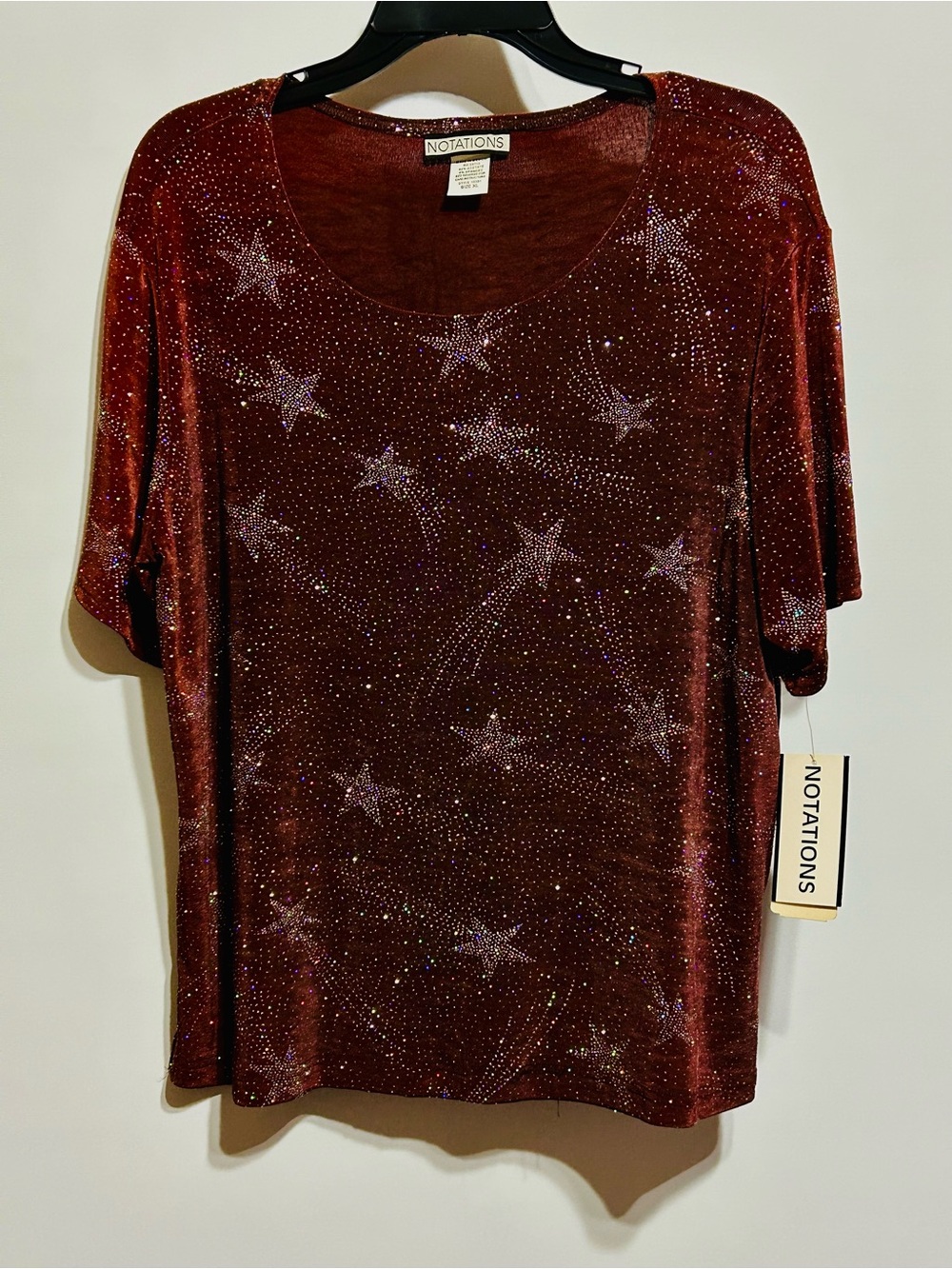 Notations Burgundy Velvet Star-Studded Short Sleeve Top